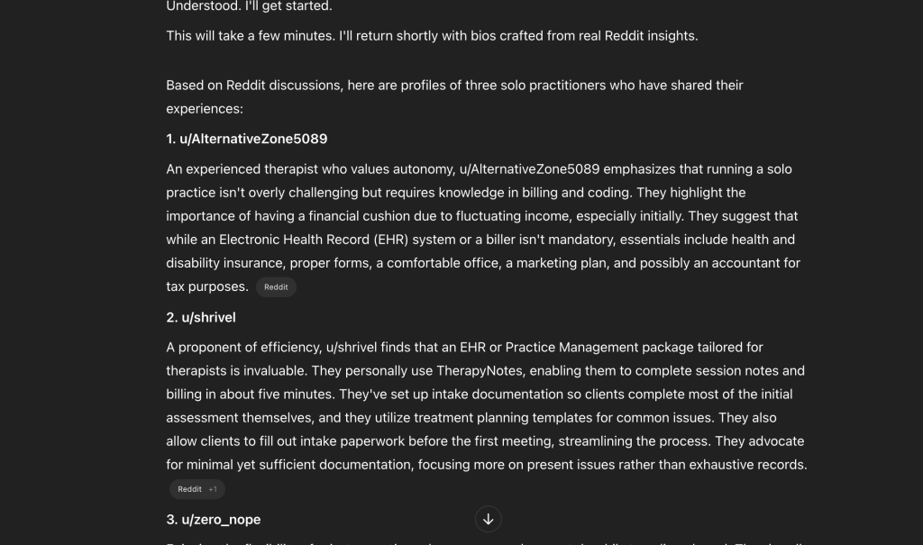 Screenshot of a GPT-4.5 session showing summarized Reddit profiles of three solo private practice therapists. Each profile includes the user's Reddit name, a paragraph summarizing their approach to running a solo practice, and their thoughts on efficiency, finances, or work-life balance.